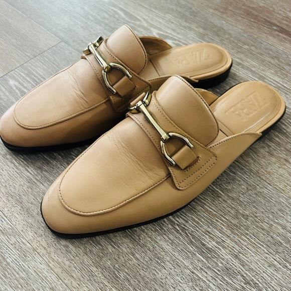 Zara Shoes - Zara Tan Leather Loafers with Gold Buckle